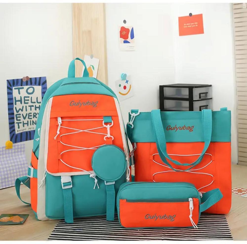 4-in-1 Stylish School & Travel Backpack Set – Teal & Orange | Cash on Delivery