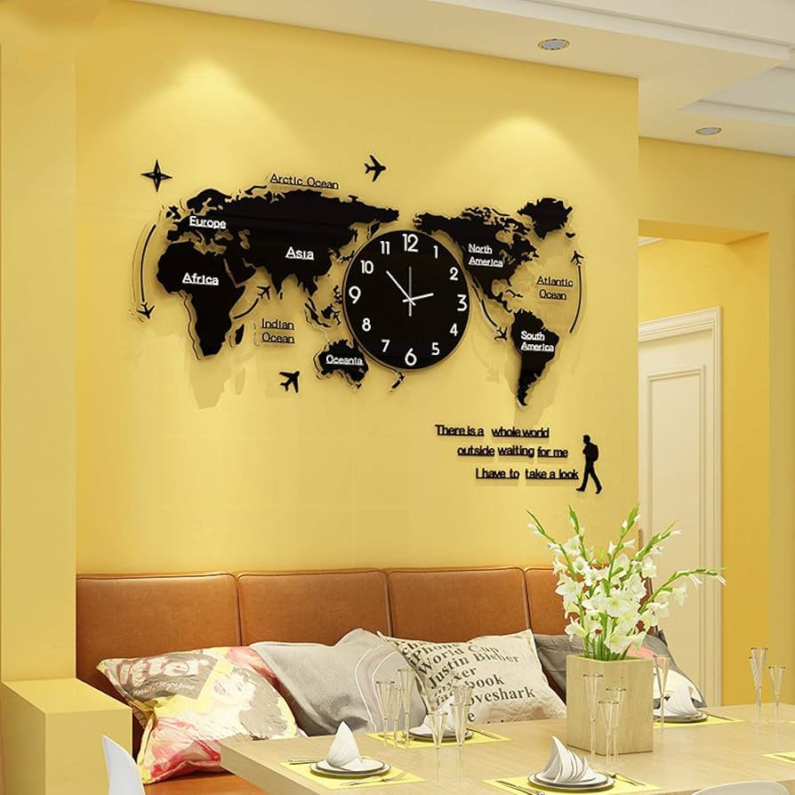 Global Time Luxury Wall Clock ,World Map Design for Home & Office”