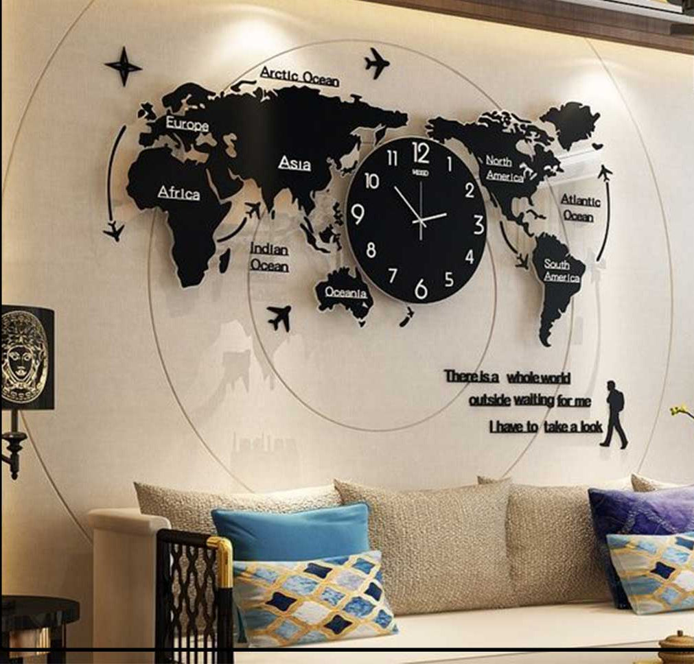 Global Time Luxury Wall Clock ,World Map Design for Home & Office”