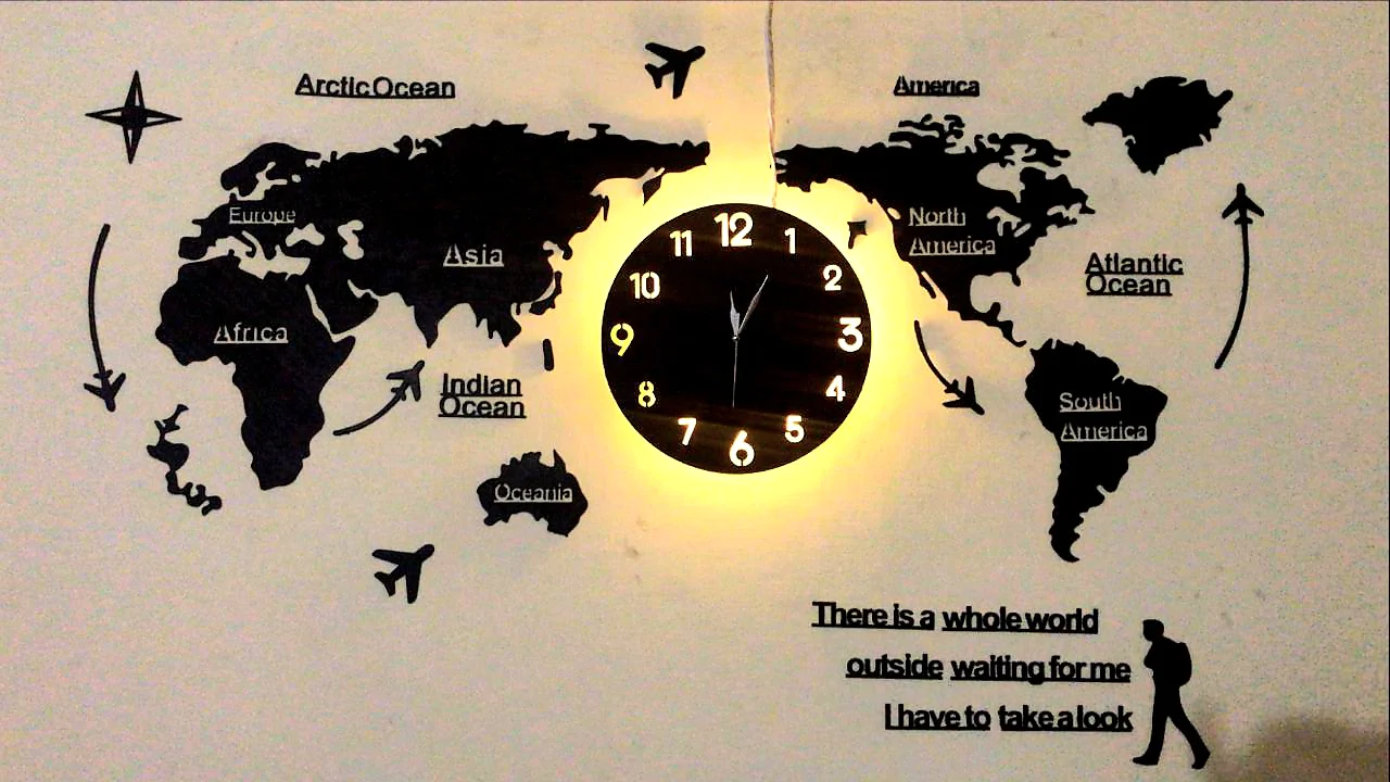 Global Time Luxury Wall Clock ,World Map Design for Home & Office”