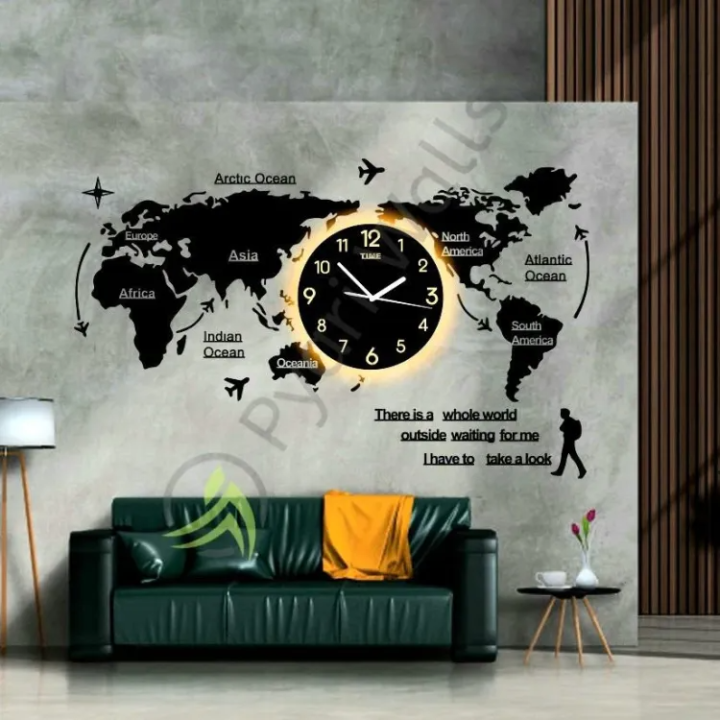 Global Time Luxury Wall Clock ,World Map Design for Home & Office”